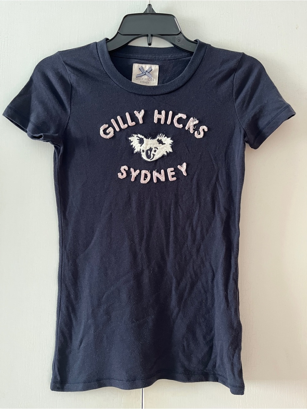 Gilly Hicks Navy Short Sleeve Tee with Pink Lettering and White Koala